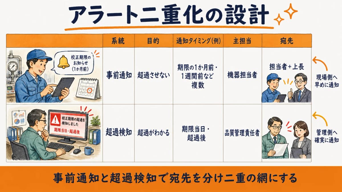 校正期限アラートの二重化設計表(事前通知と超過検知を目的・タイミング・担当・宛先で整理)