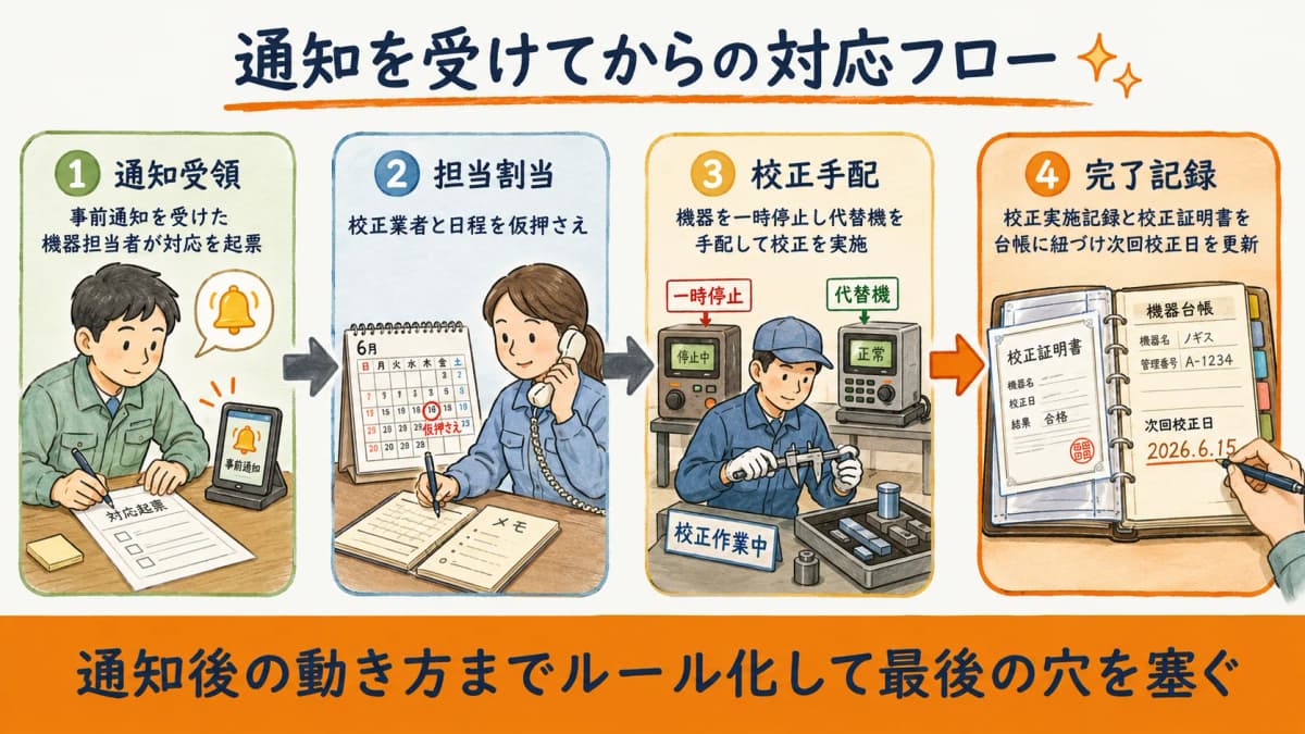 校正期限の通知を受けてからの対応フロー(通知→担当割当→校正手配→完了記録)