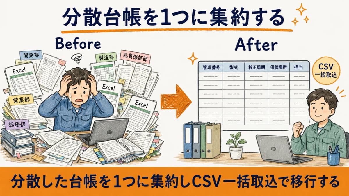 分散したExcel台帳を一つの計測器台帳へ集約するビフォーアフターのイメージ