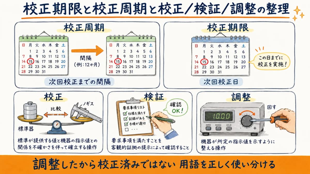 校正期限・校正周期・校正/検証/調整の用語を整理した定義カード型の早見表