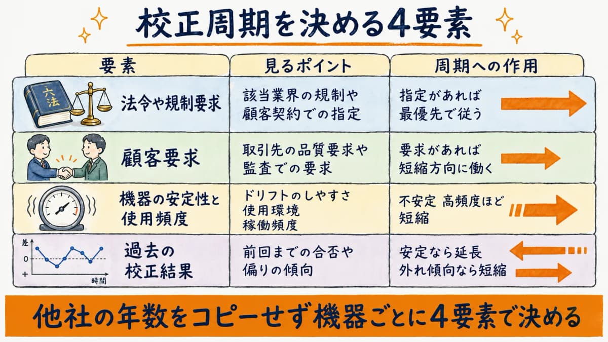 校正周期を決める4要素(法令・顧客要求・機器の安定性と使用頻度・過去の校正結果)の早見表