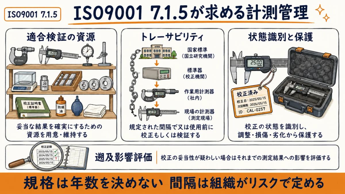ISO9001 7.1.5の要求事項(適合検証の資源・トレーサビリティ・状態識別と保護)を整理した図解