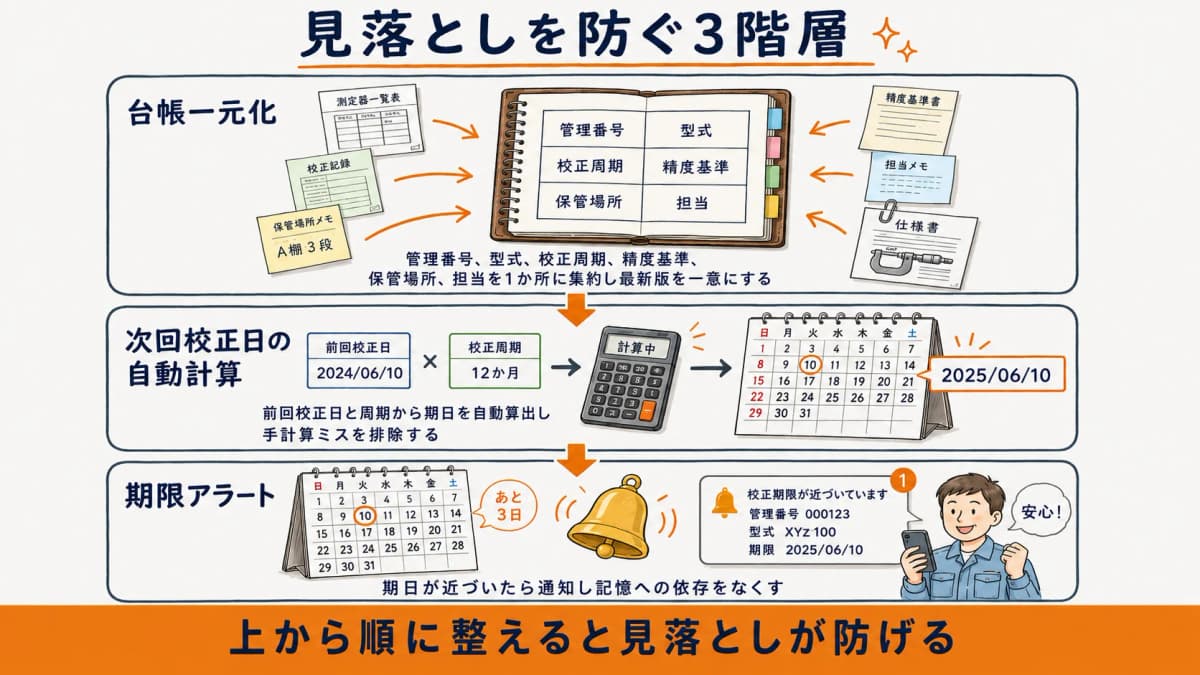 台帳一元化から次回校正日の自動計算、期限アラートに至る3階層の見落とし防止フロー図