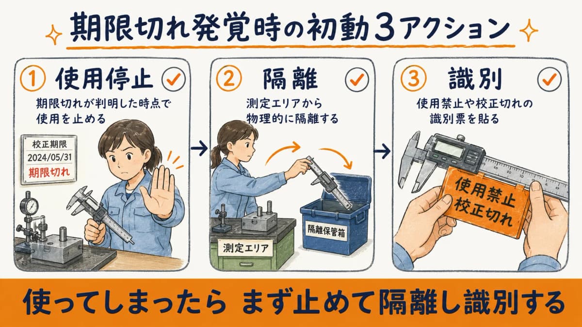 校正期限切れ発覚時の初動対応カード(使用停止・隔離・識別の3アクション)