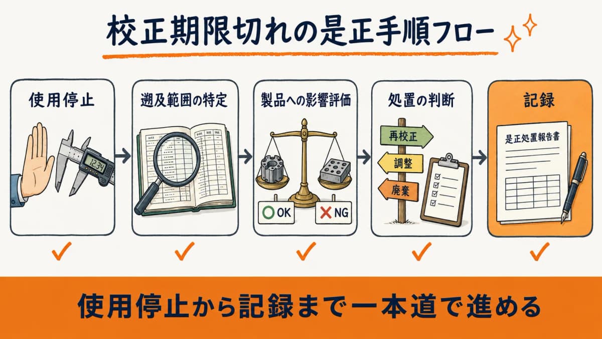 校正期限切れの是正手順フロー図(使用停止から遡及範囲特定・影響評価・処置判断・記録までの流れ)