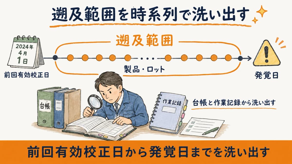遡及範囲特定のイメージ図(前回有効校正日から発覚日までの測定製品・ロットを時系列で洗い出す)