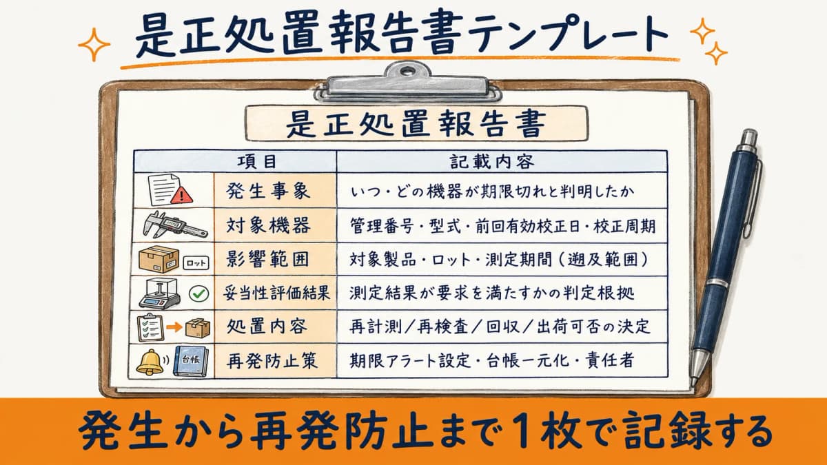 是正処置報告書テンプレートの様式(発生事象・対象機器・影響範囲・評価結果・処置・再発防止の6項目)