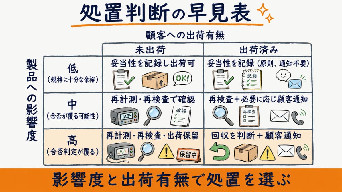 処置判断の早見表(影響度と顧客出荷の有無で再計測・再検査・回収を選ぶマトリクス)