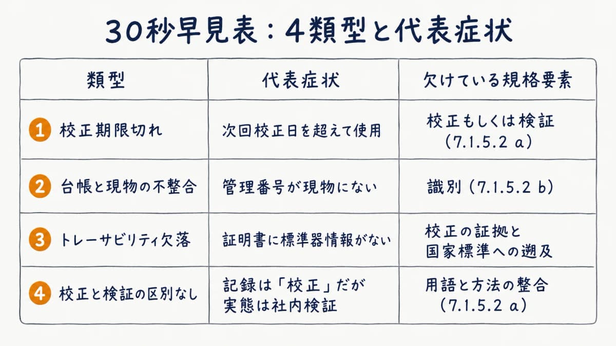 計測器の校正記録の監査指摘4類型と代表症状を整理した30秒早見表