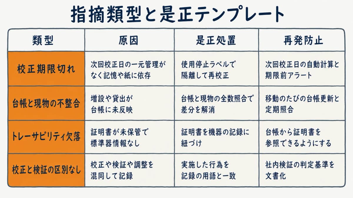 校正記録の指摘4類型ごとに原因・是正処置・再発防止の記載例を並べた類型集テンプレ表