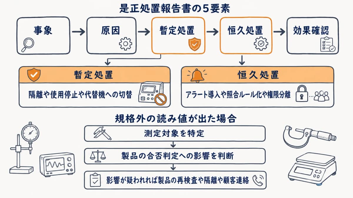 是正処置の暫定対策と恒久対策の分離と、規格外読み値が出た場合の遡及影響評価の流れを示したフロー図