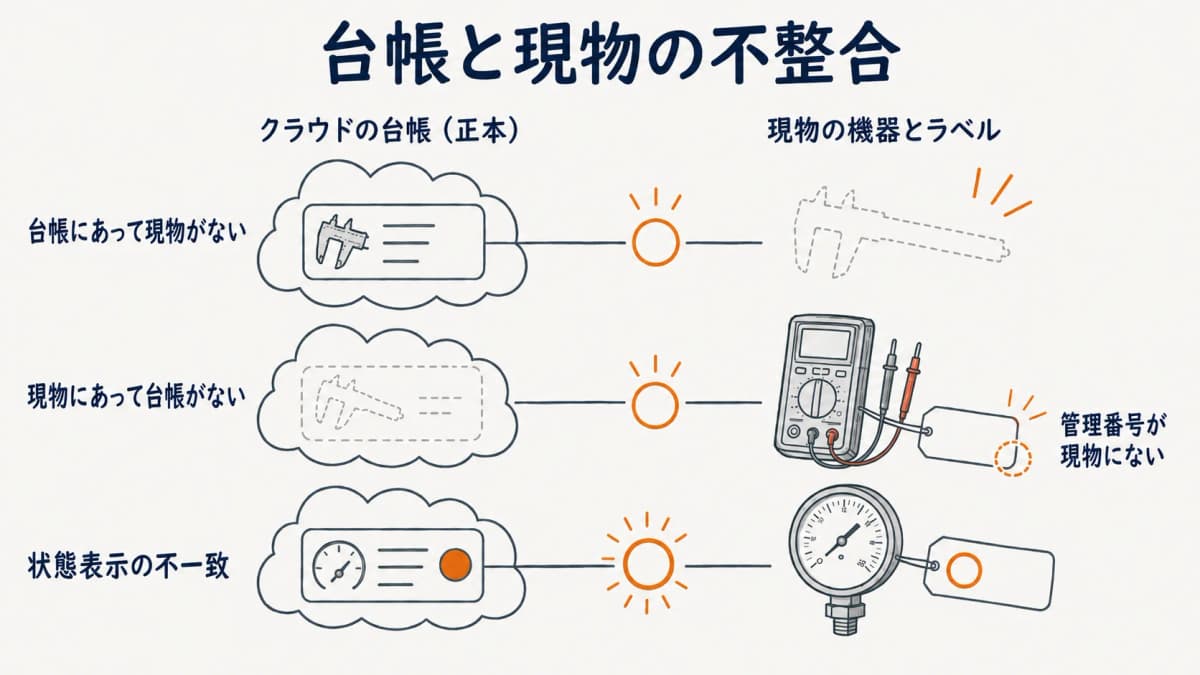 管理番号や校正状態が台帳と現物で一致しない不整合パターンを可視化した台帳イメージ図