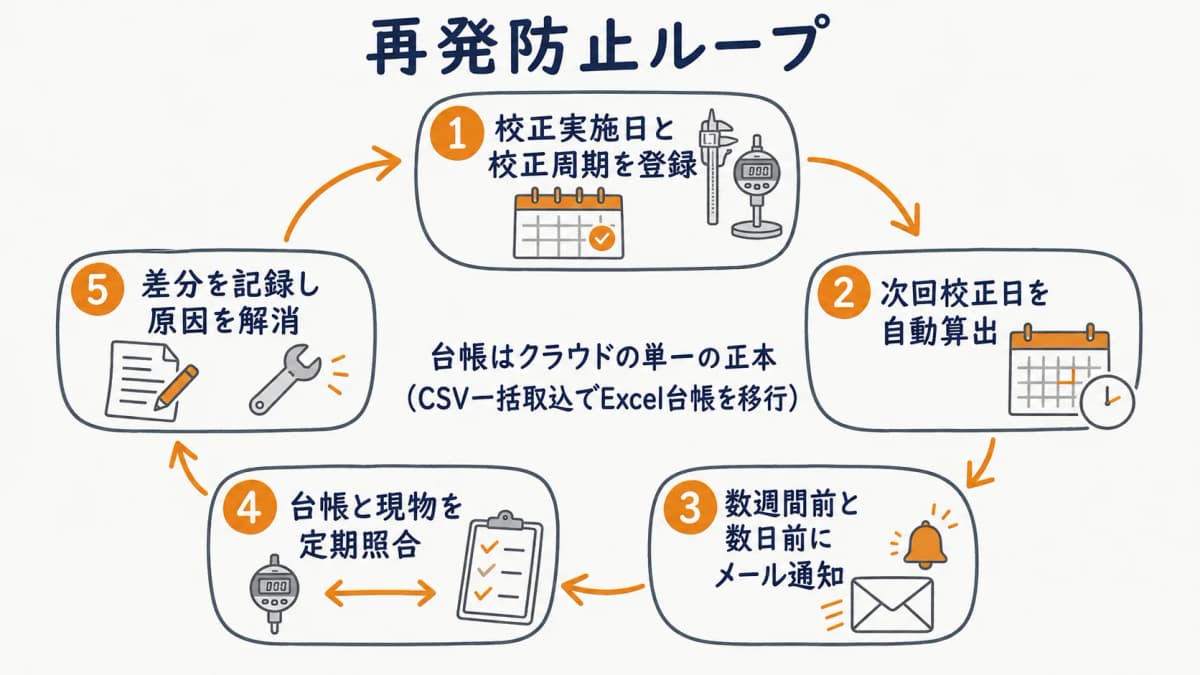 校正期限アラートと台帳・現物の定期照合を組み合わせた再発防止ループの仕組み図