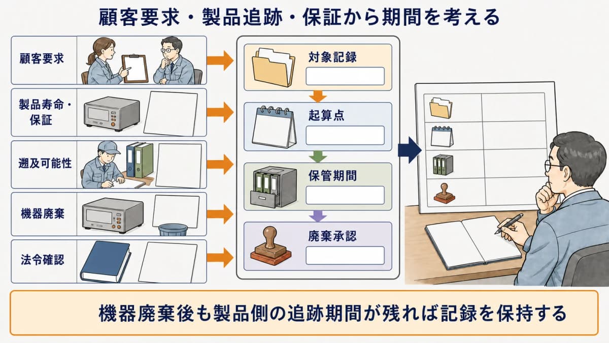 顧客要求から機器廃棄後まで保管期間を判断するマップ