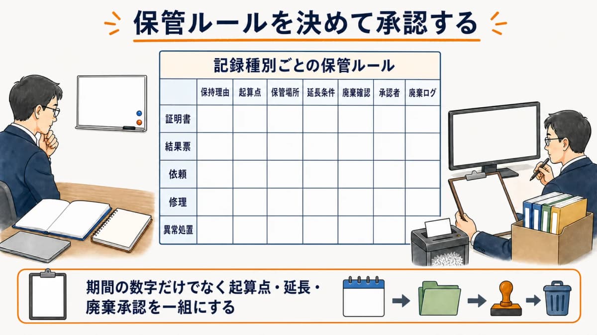 記録別の根拠と起算点と廃棄承認を示す保存年限表