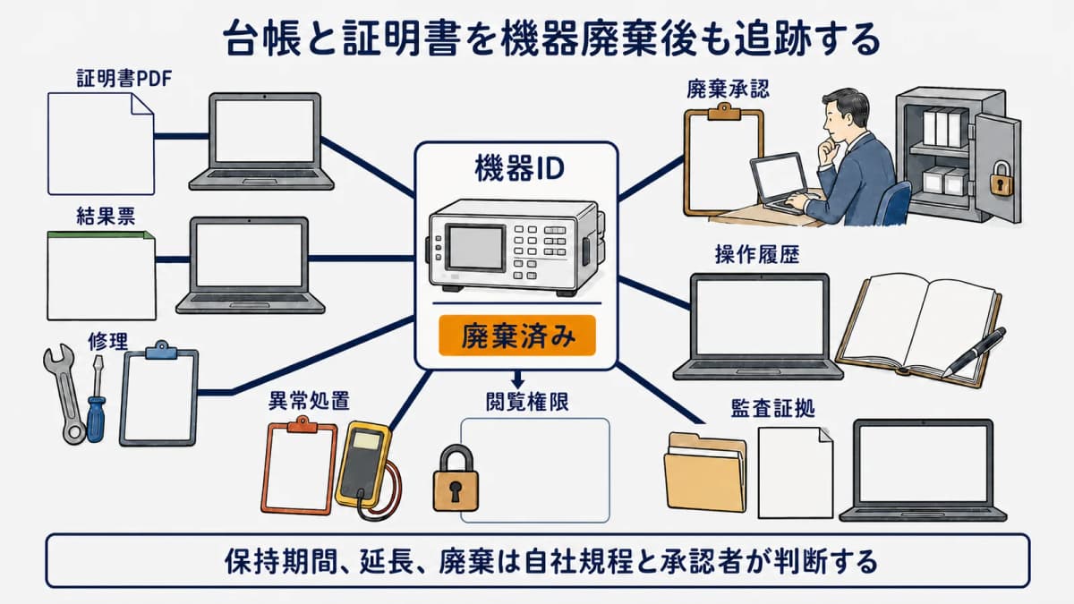 廃棄済み機器の台帳と証明書と操作履歴の関係図