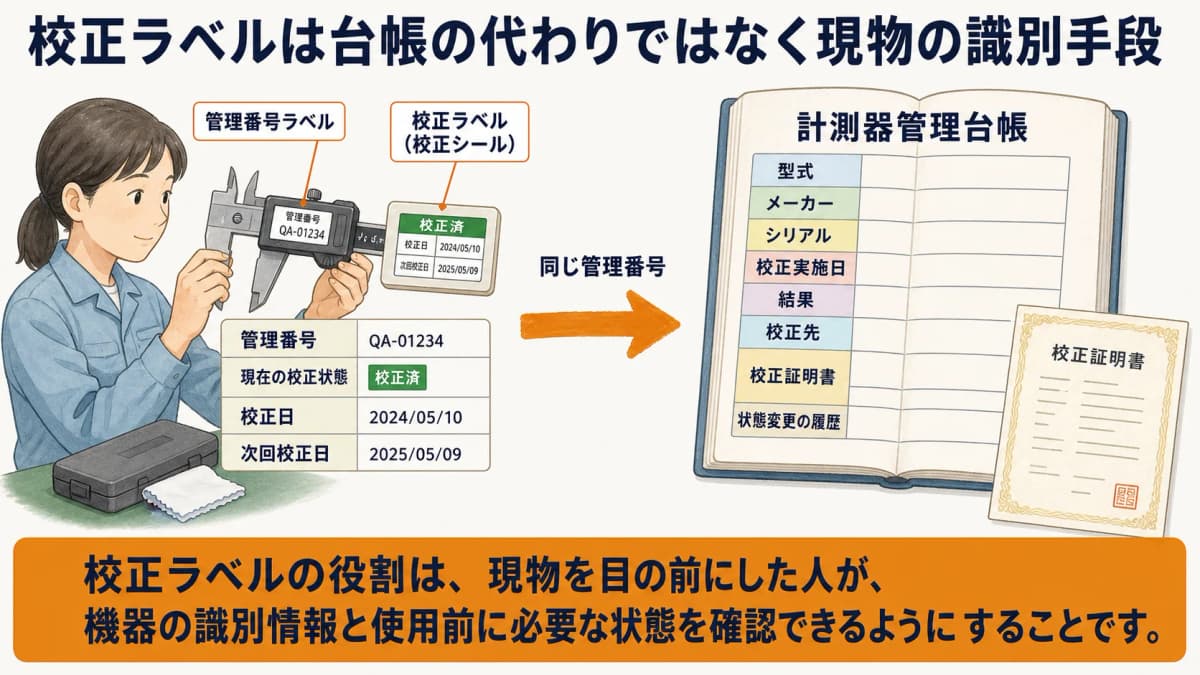 校正ラベルで即時確認し詳細履歴を計測器台帳で管理する役割分担の図解
