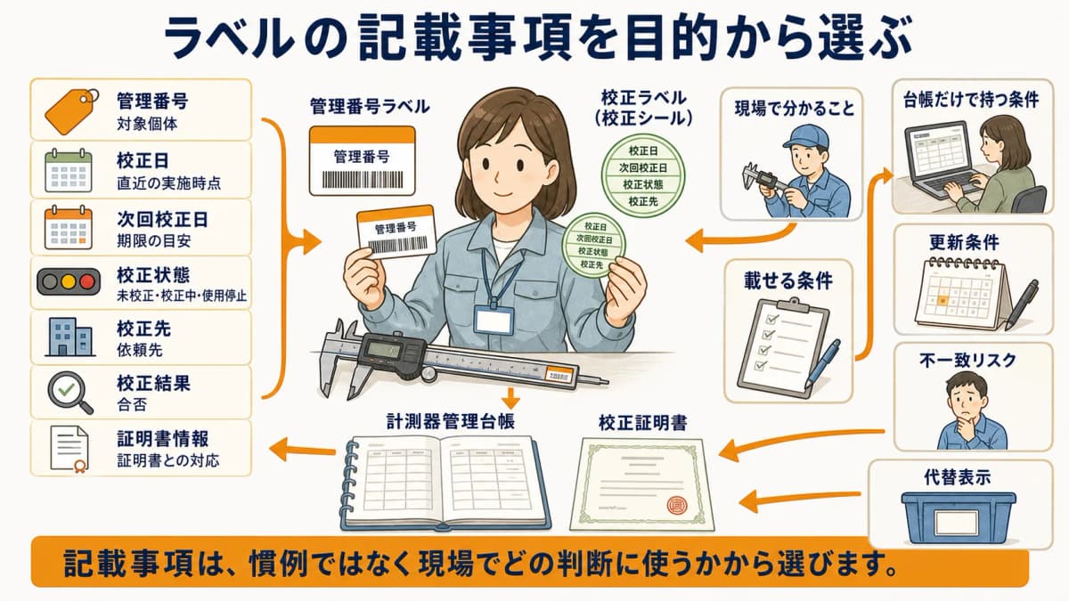 管理番号・校正日・次回校正日・状態表示を目的別に選ぶ図解