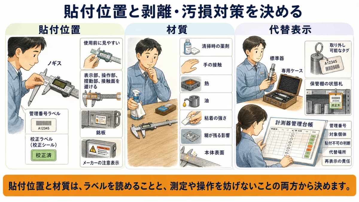 ノギスや計測器への校正ラベル貼付位置と剥離・汚損対策の図解