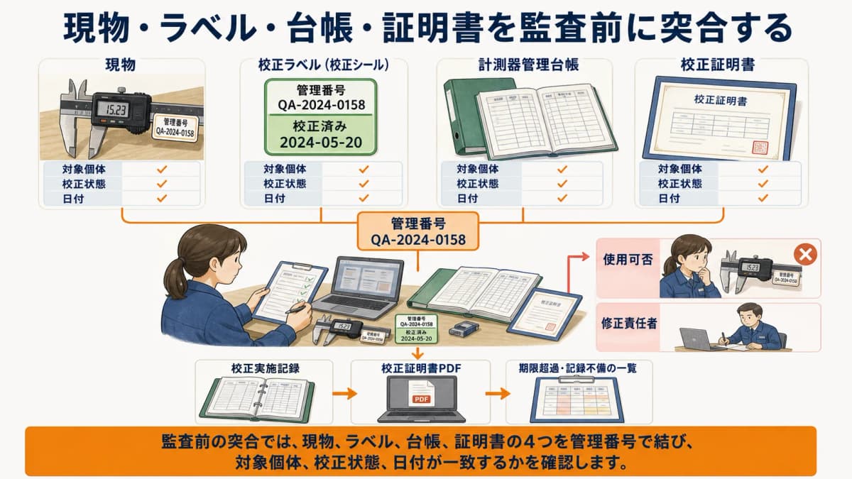 現物・校正ラベル・計測器台帳・校正証明書を監査前に突合する図解