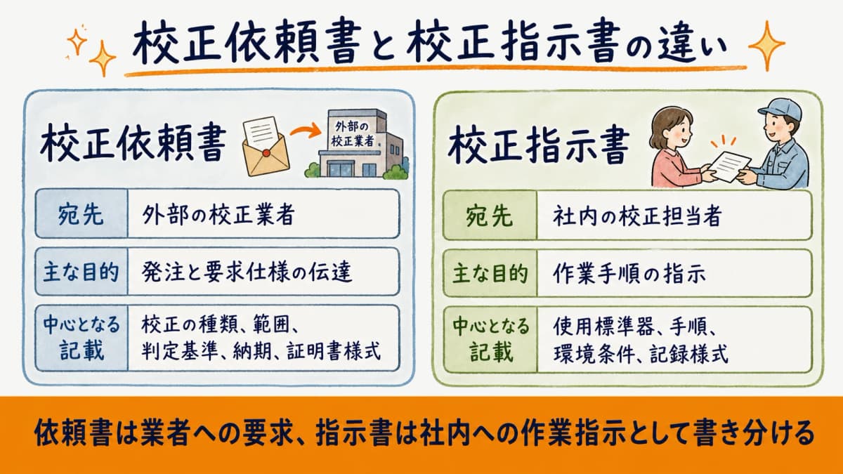 校正依頼書と校正指示書の宛先と目的の違いを外部依頼と社内指示で対比した図解