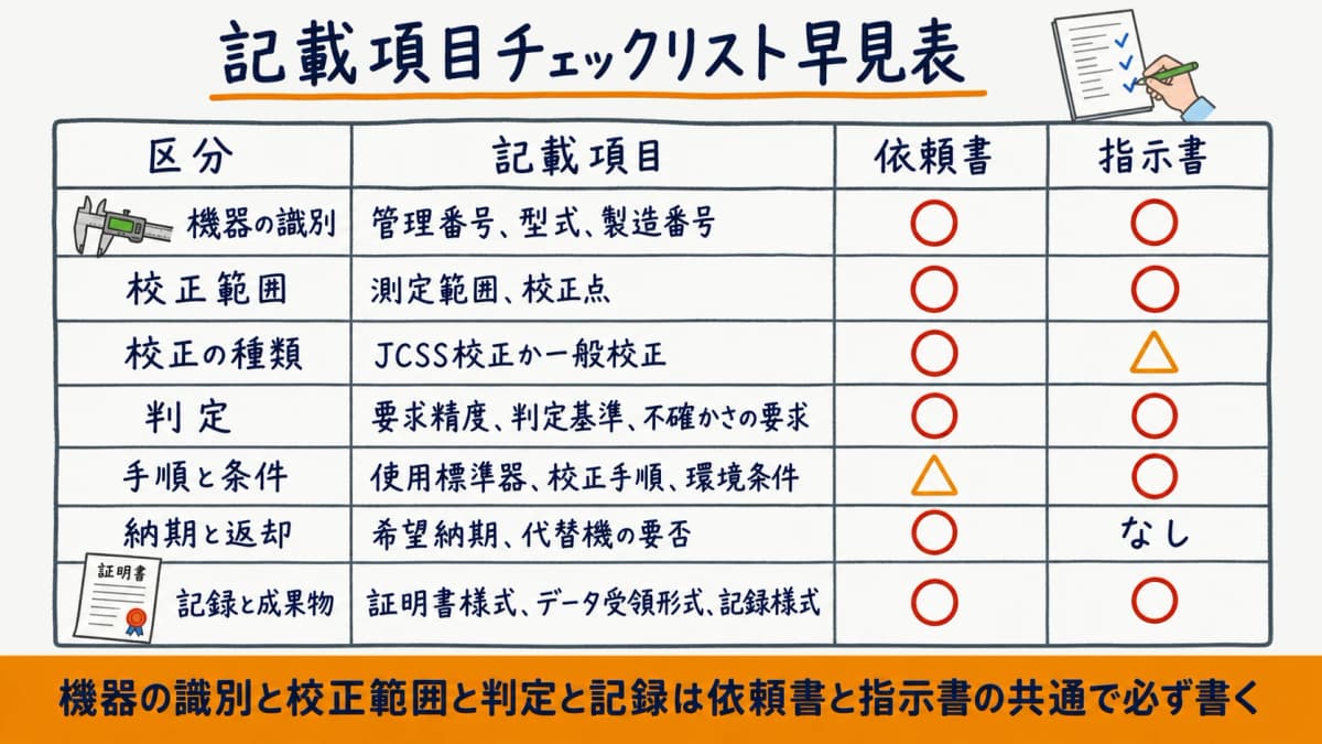 校正依頼書と校正指示書の記載項目チェックリストを共通項目と固有項目で示した早見表の図解