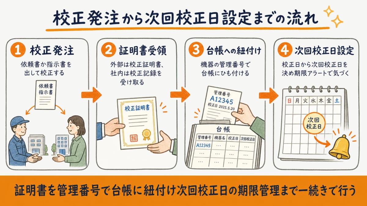 校正発注から証明書受領・台帳への紐付け・次回校正日設定までの管理フロー図解