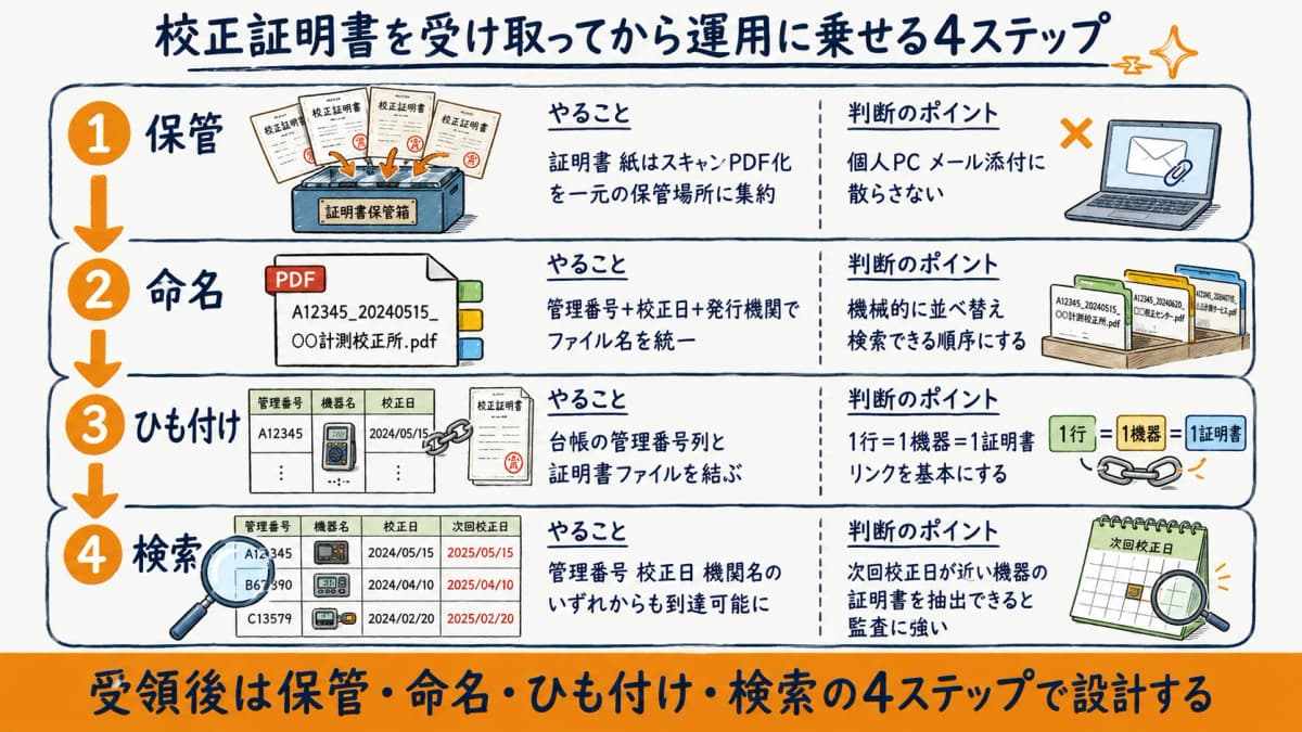 校正証明書を受領してから保管・命名・台帳ひも付け・検索の4ステップで運用に乗せる早見表