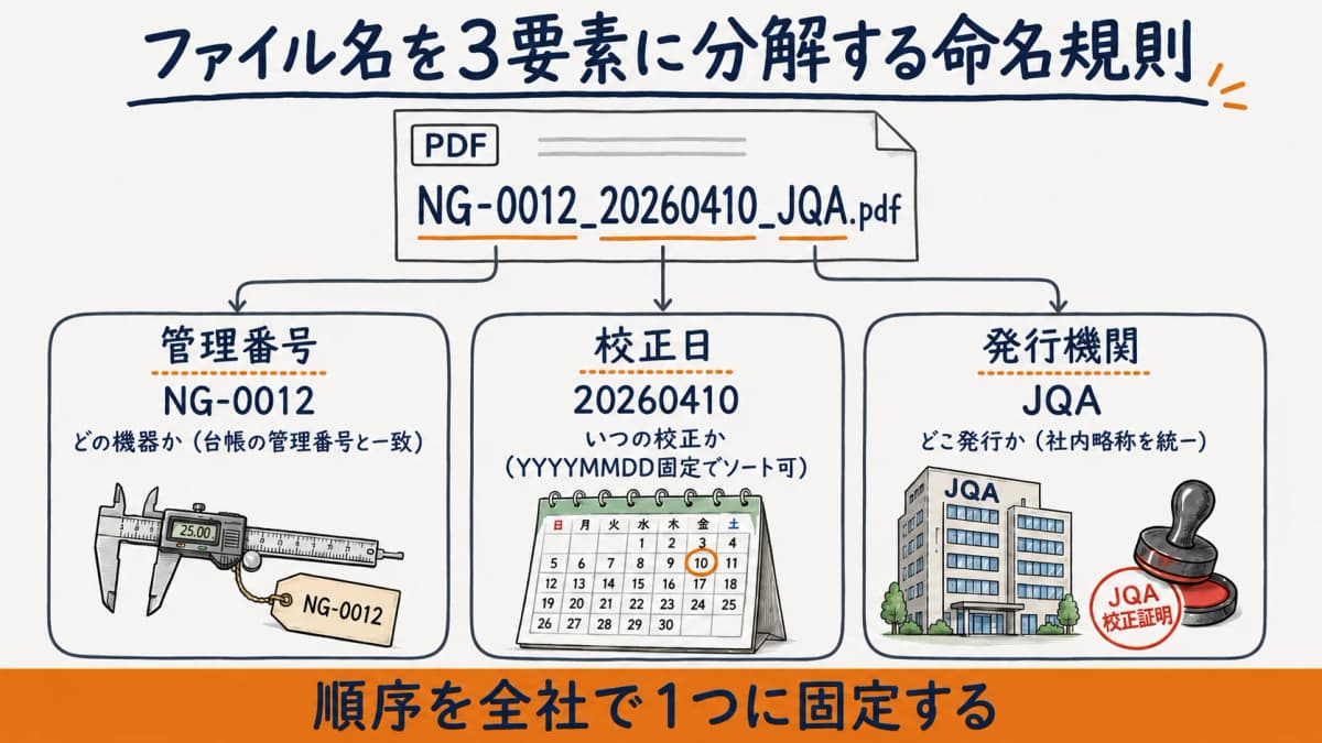 校正証明書ファイル名を管理番号・校正日・発行機関の3要素に分解した命名規則の図解