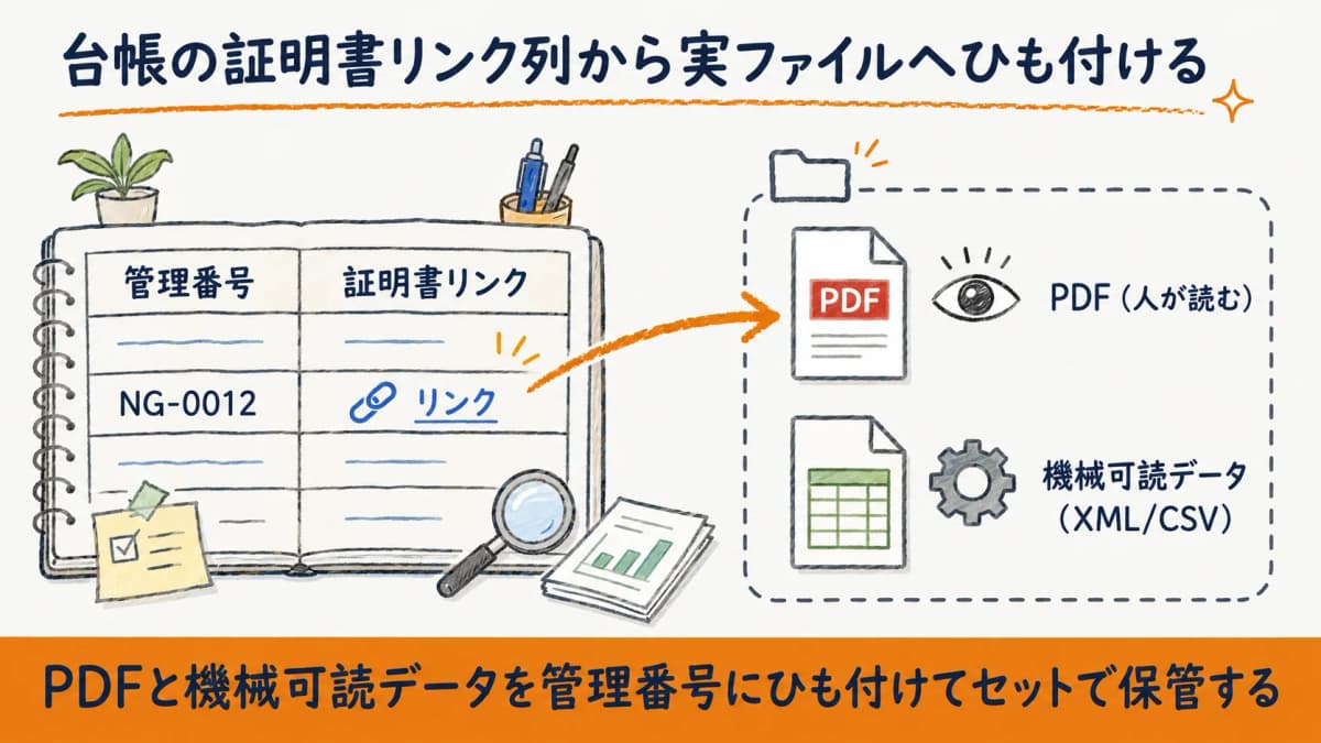 台帳の証明書リンク列と実ファイル(PDF・機械可読データ)の対応を示すひも付け図