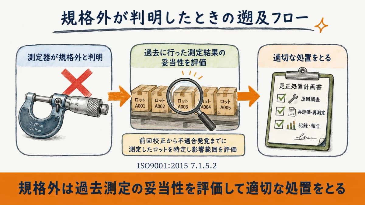 測定器の規格外発覚から過去測定の妥当性評価・処置までの遡及フロー図