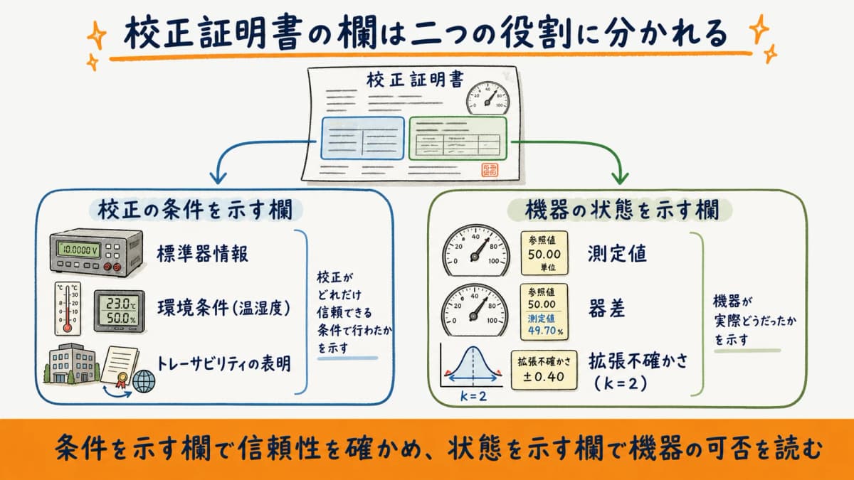 校正証明書の主要欄が「校正条件を示す欄」と「機器の状態を示す欄」に分かれることを示した図解
