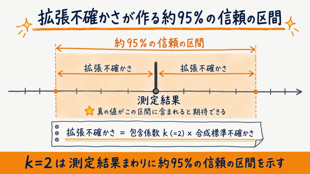 拡張不確かさとk=2が測定結果まわりに約95%の信頼の区間を作ることを示した図解