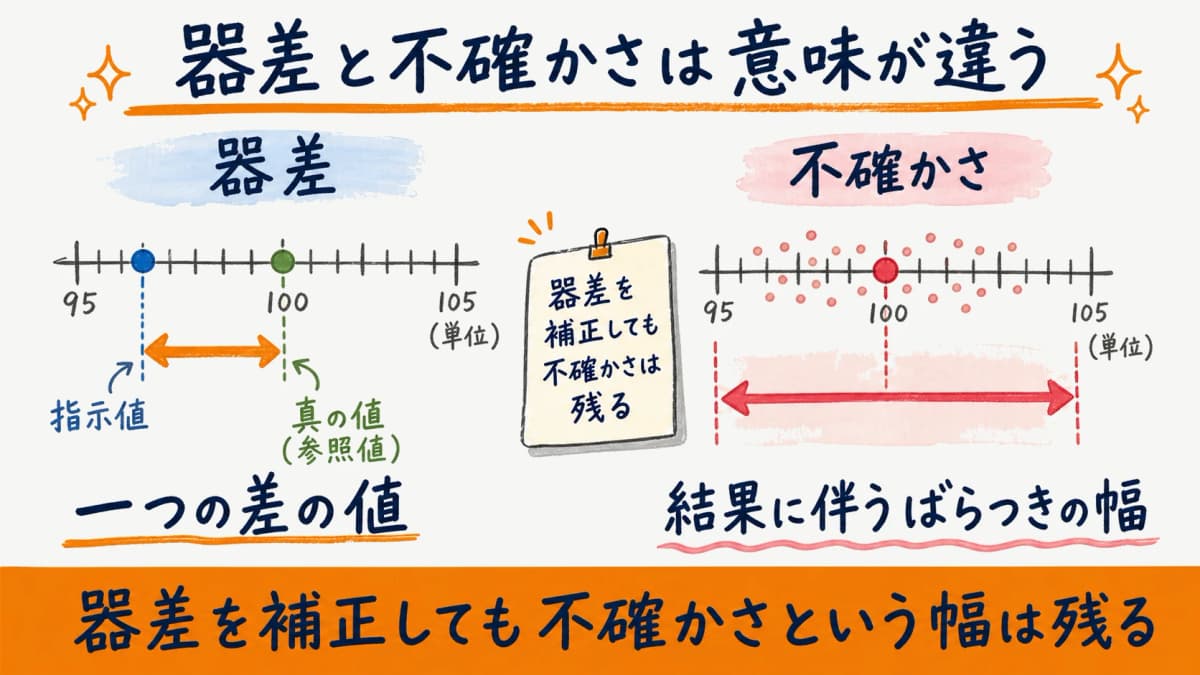 器差は一つの差の値、不確かさは結果に伴うばらつきの幅であることを対比した図解