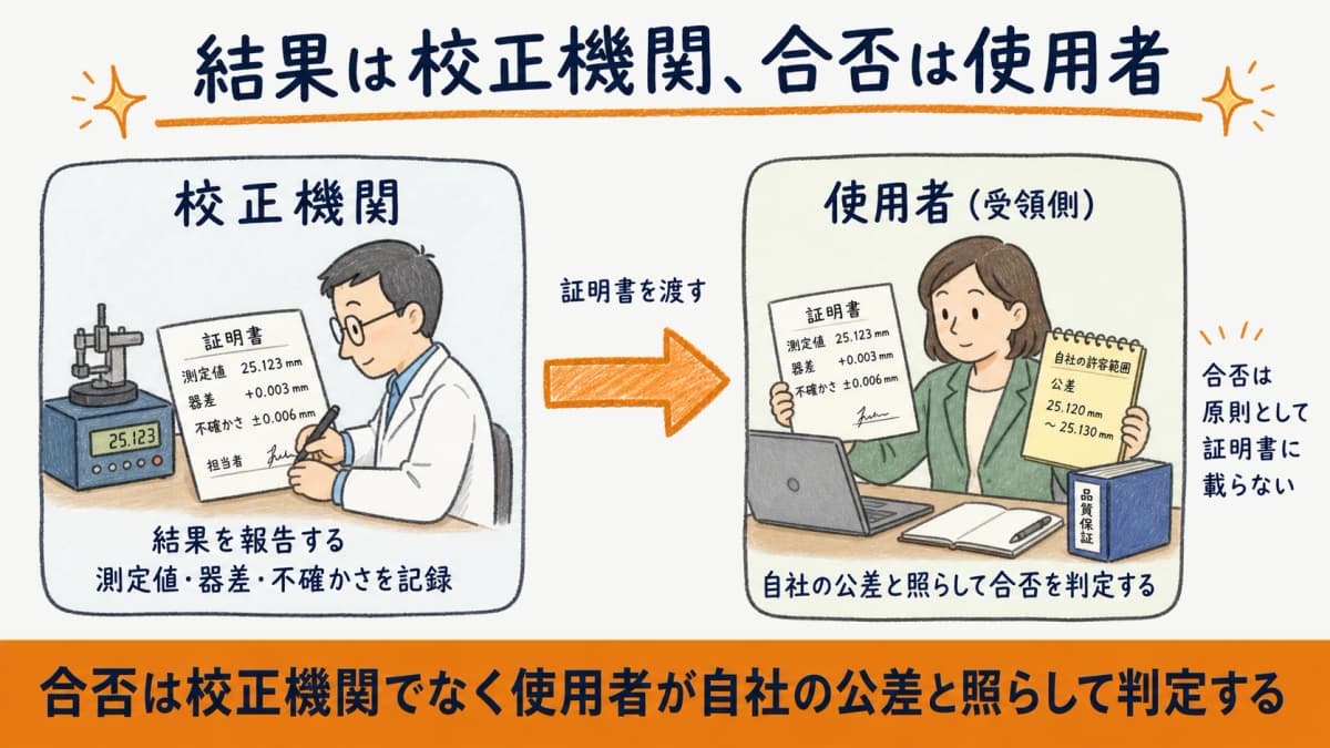 校正機関は結果を報告し、使用者が自社公差と照らして合否を判定する役割分担を示したフロー図