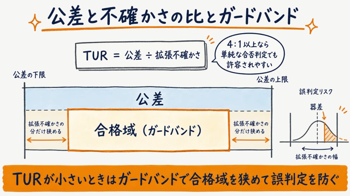 公差と拡張不確かさの比(TUR)とガードバンドで合格域を狭める考え方を示した関係図