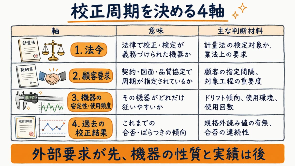 校正周期を決める4軸(法令・顧客要求・機器の安定性と使用頻度・過去の校正結果)の早見表