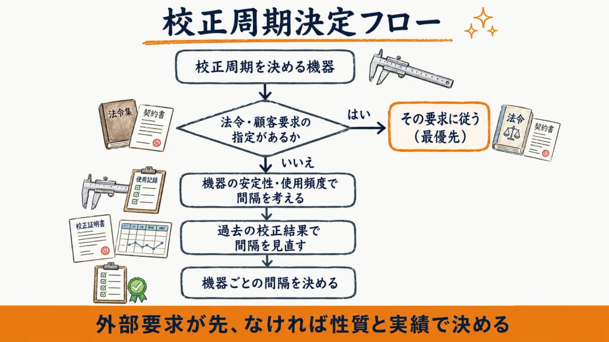 校正周期決定フローチャート。法令・顧客要求を先に判定し、なければ機器の安定性と過去結果で間隔を決める分岐図