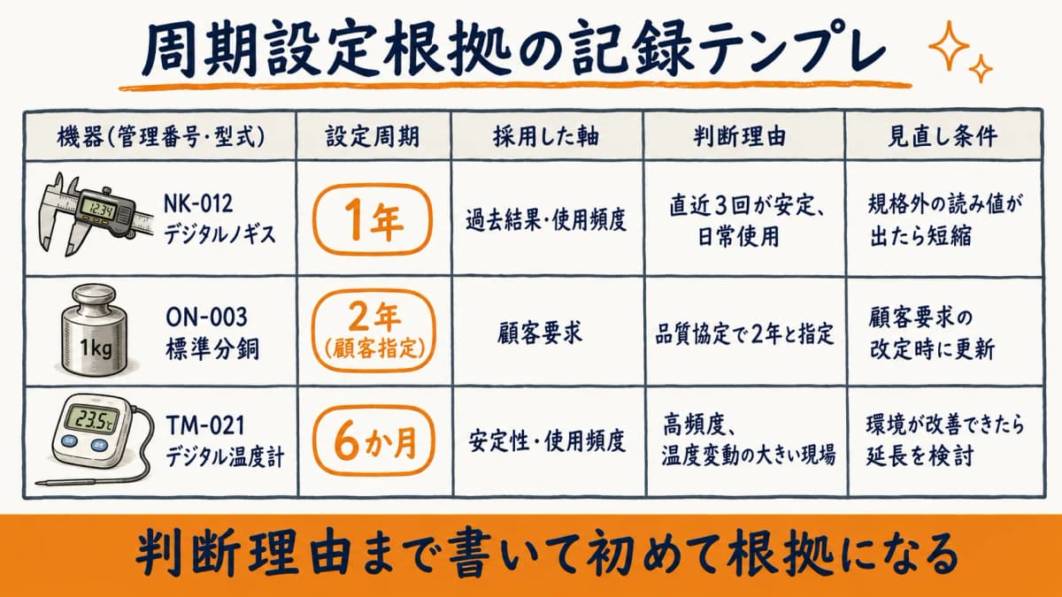 周期設定根拠の記録テンプレ。機器・設定周期・採用した軸・判断理由・見直し条件の5列様式