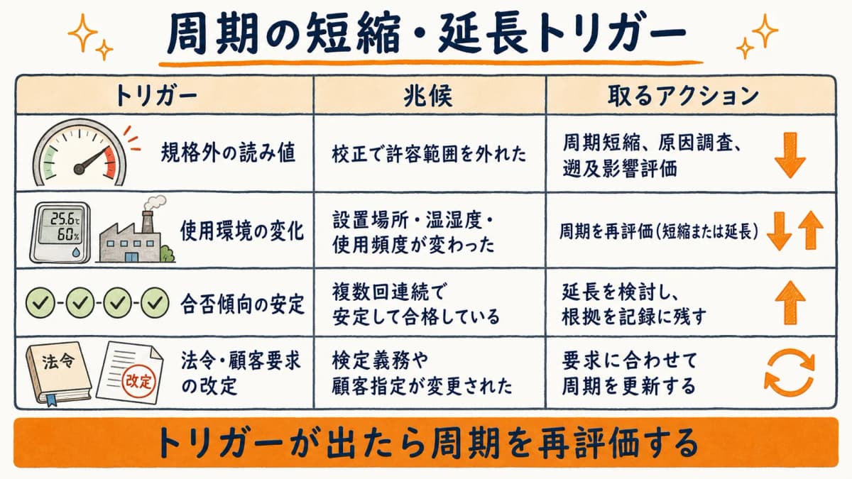 校正周期の短縮・延長トリガー早見表。規格外読み値・使用環境変化・合否傾向・要求改定への対応
