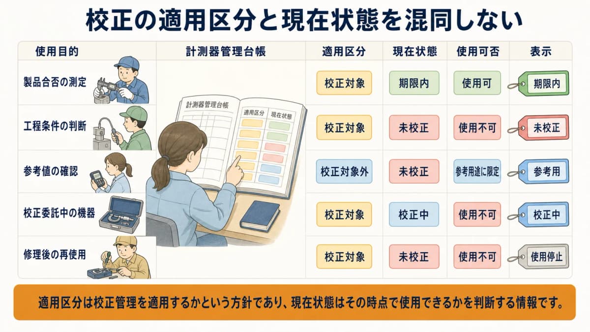 校正対象と対象外の適用区分を現在状態と分ける二軸管理の図解