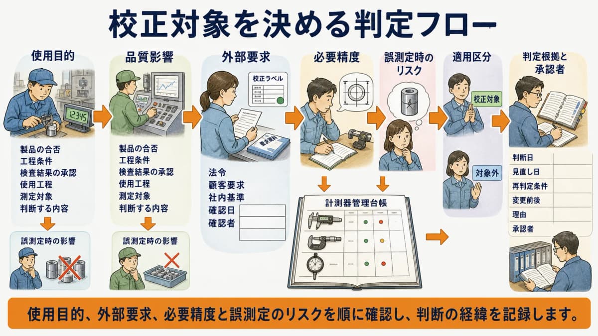 用途・外部要求・必要精度とリスクから校正対象を決める流れの図解