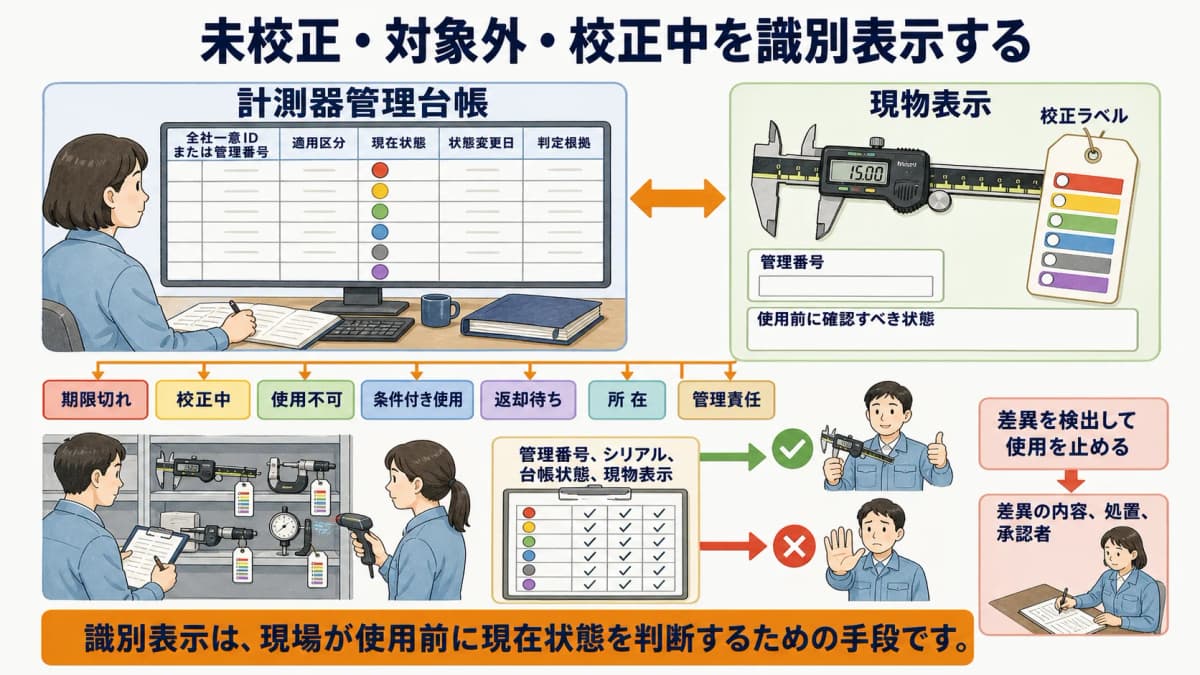未校正・対象外・校正中の状態を台帳と現物表示で一致させる図解