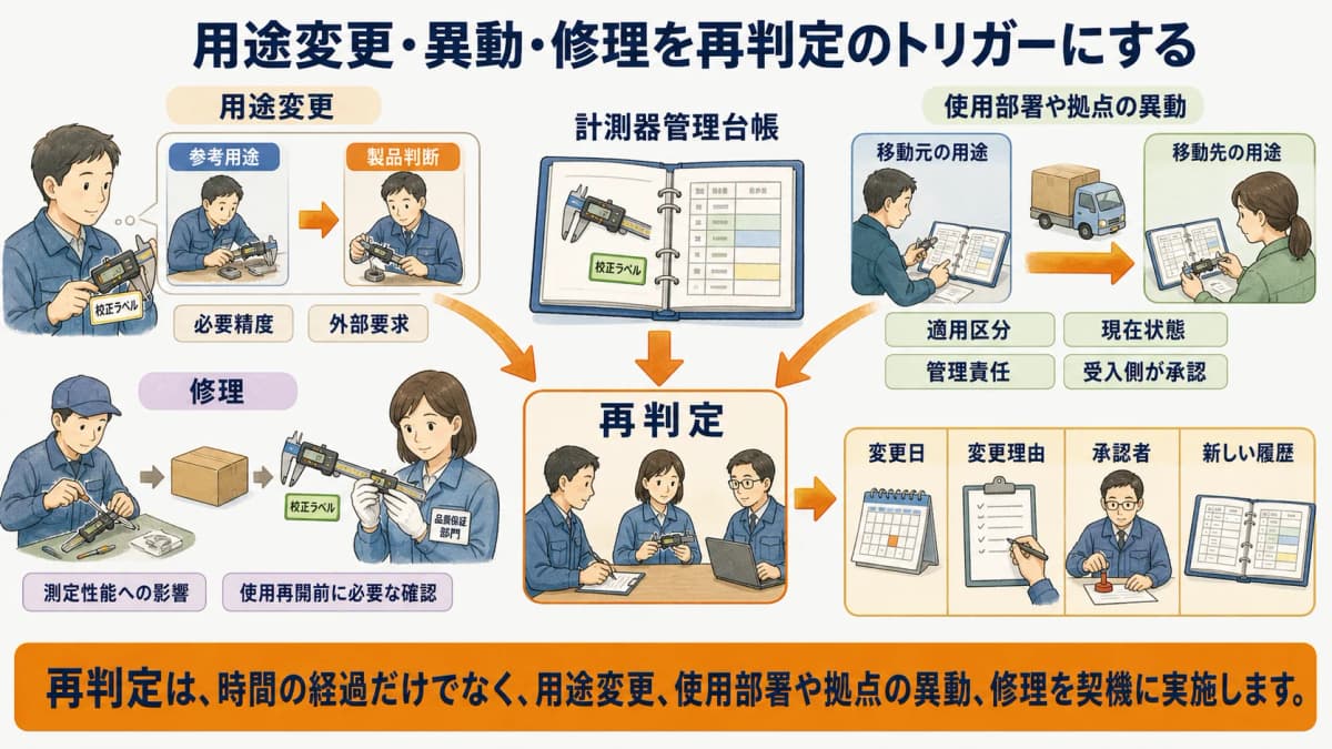 用途変更・拠点異動・修理を契機に校正区分を再判定する図解