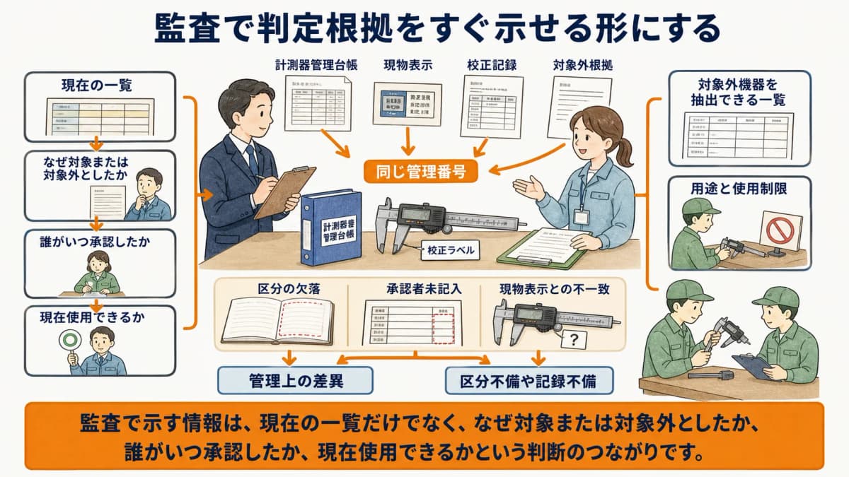 台帳・現物表示・判定根拠を監査で照合する場面の図解