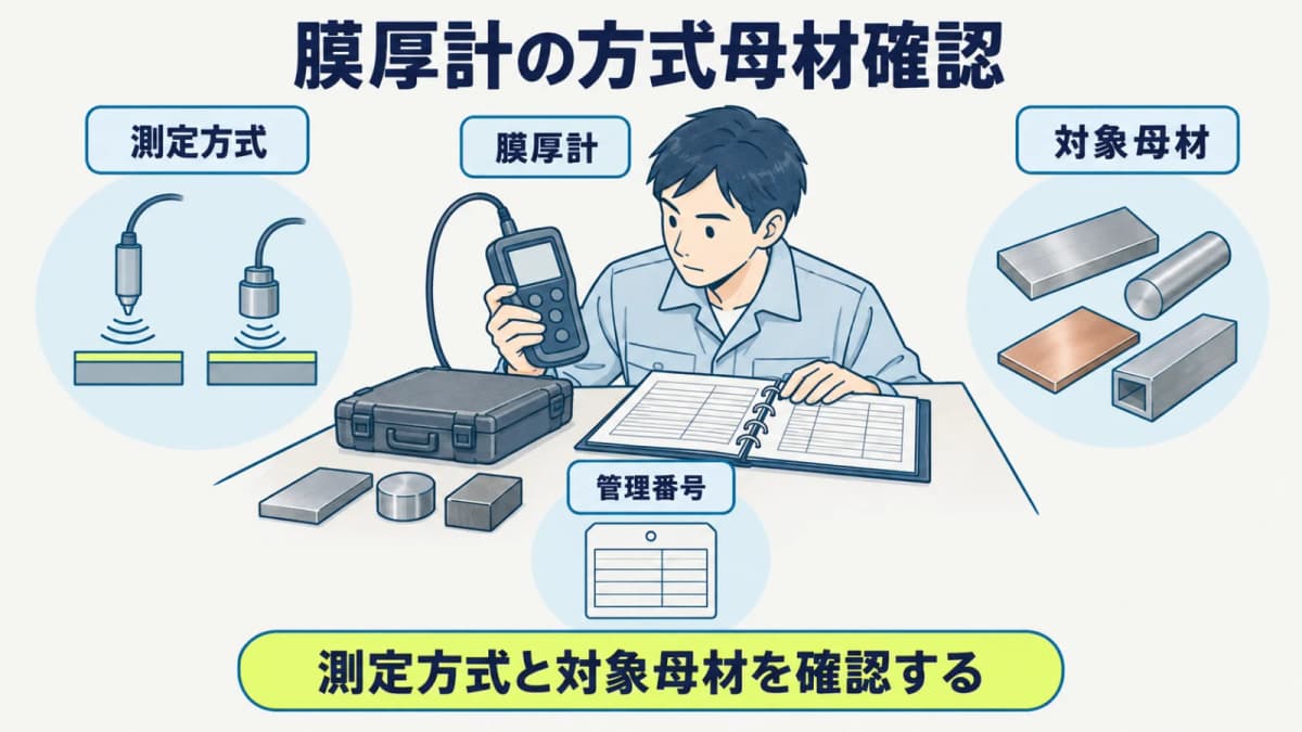 膜厚計の測定方式と対象母材を現品情報として確認する