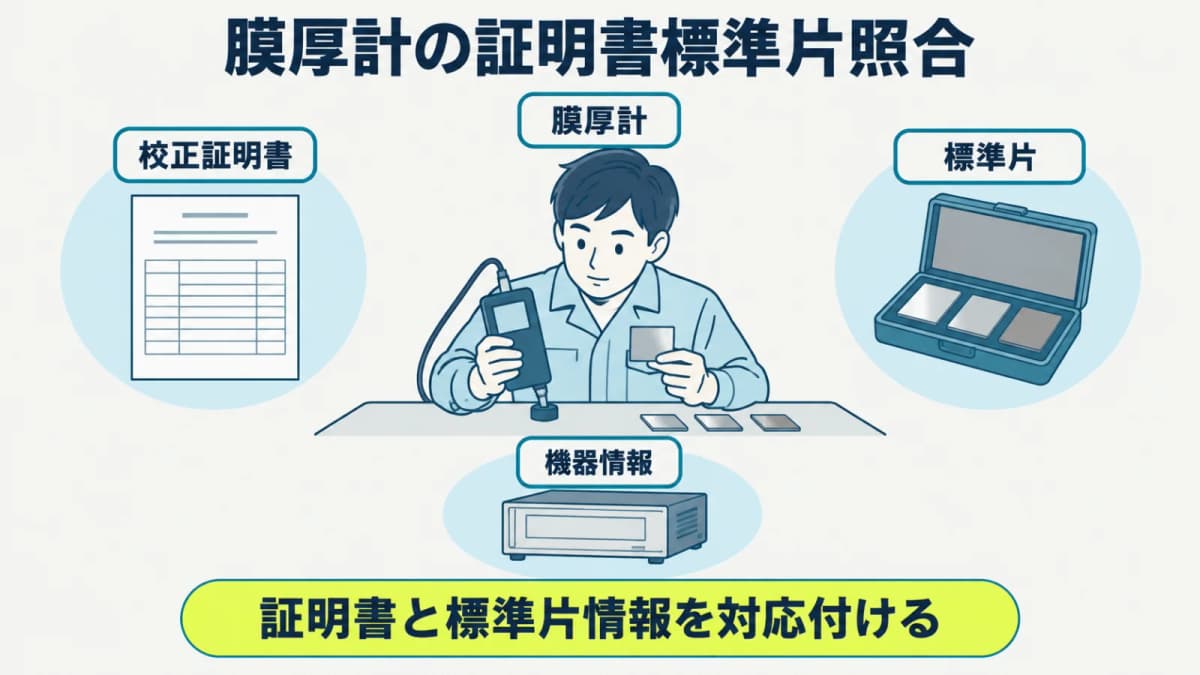 膜厚計の校正証明書と標準片情報を対応付ける
