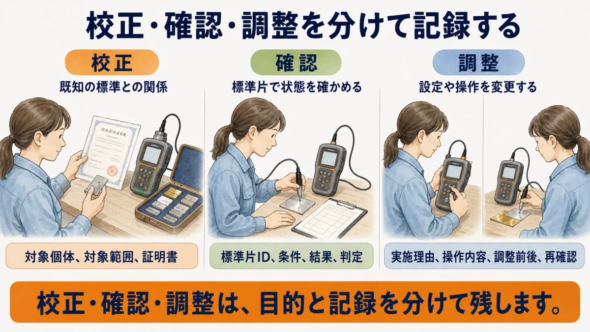 膜厚計の校正・確認・調整の目的と記録を分ける図解
