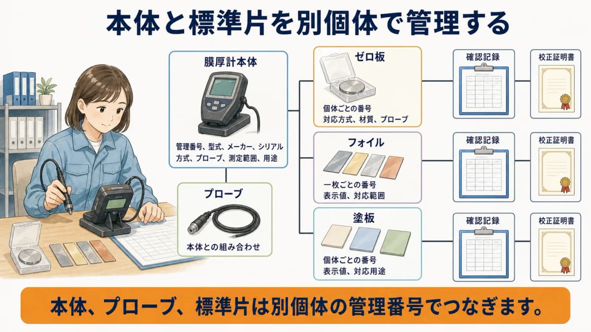 膜厚計本体とゼロ板・フォイル・塗板を別個体で台帳登録する図解