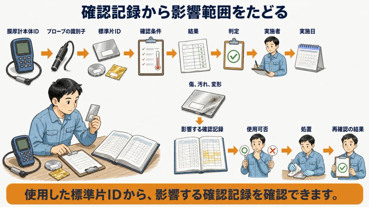 膜厚計の確認結果を標準片IDと交換履歴へつなぐ図解